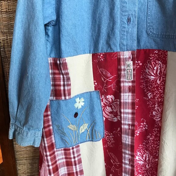 Patchwork Duster, Size L: Upcycled Button-Down Boho Jacket Dress, Lady Bugs - Picture 8 of 13